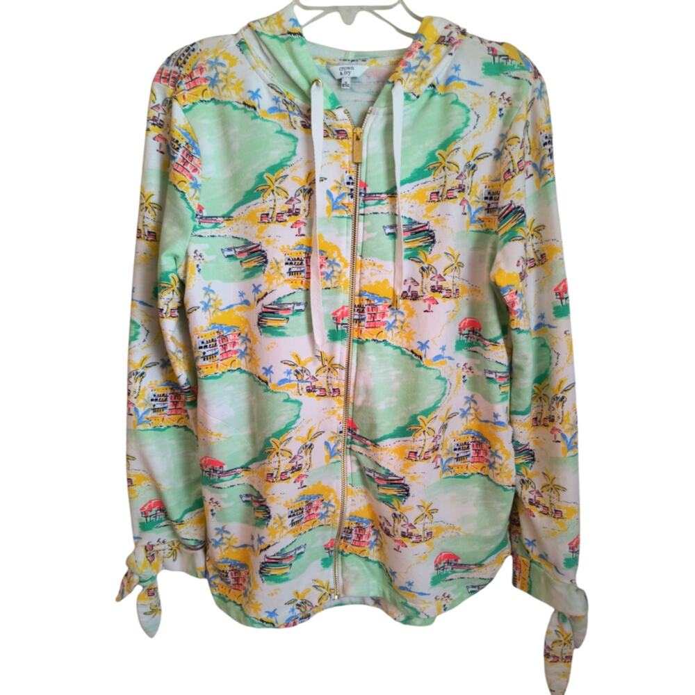 Crown & Ivy Hoodie Women's Size M Multicolor Novelty Print Full Zip French Terry